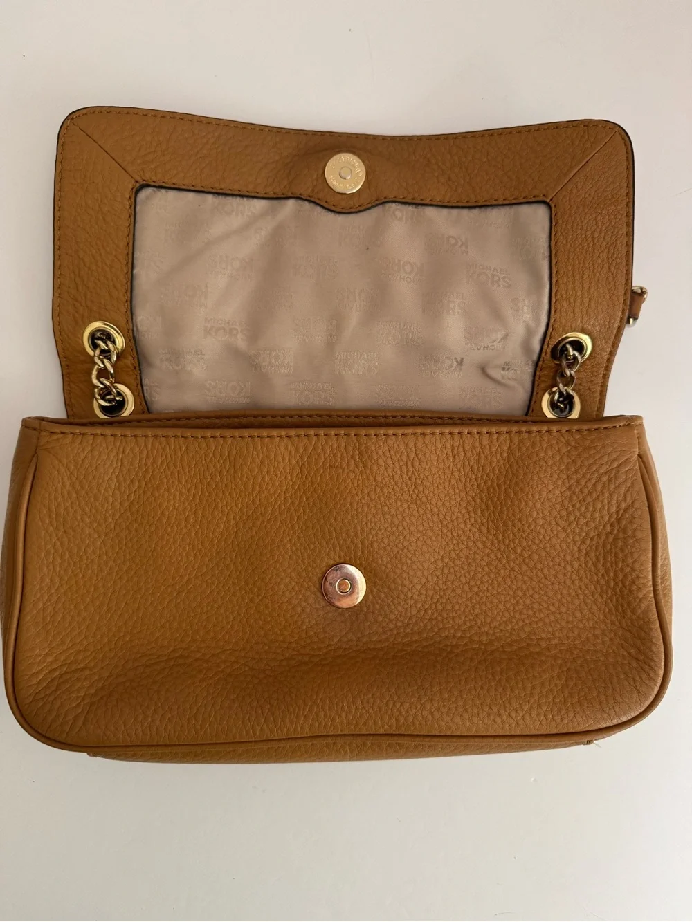Michael Kors Fulton 38S3XFTF1L Tan Pebbled Leather Small Flap Chain Shoulder Bag
